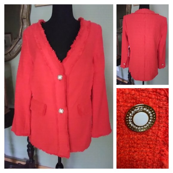 NEW THE LOOK WOMEN MEDIUM BLAZER JACKET COAT - Frayed Fringe Trim - Jewel Button - Picture 1 of 13